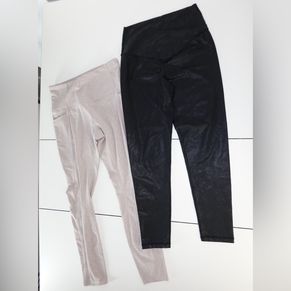 Offline by Aerie Shiny Black Leather look leggings and Khaki Leopard Workout Lot